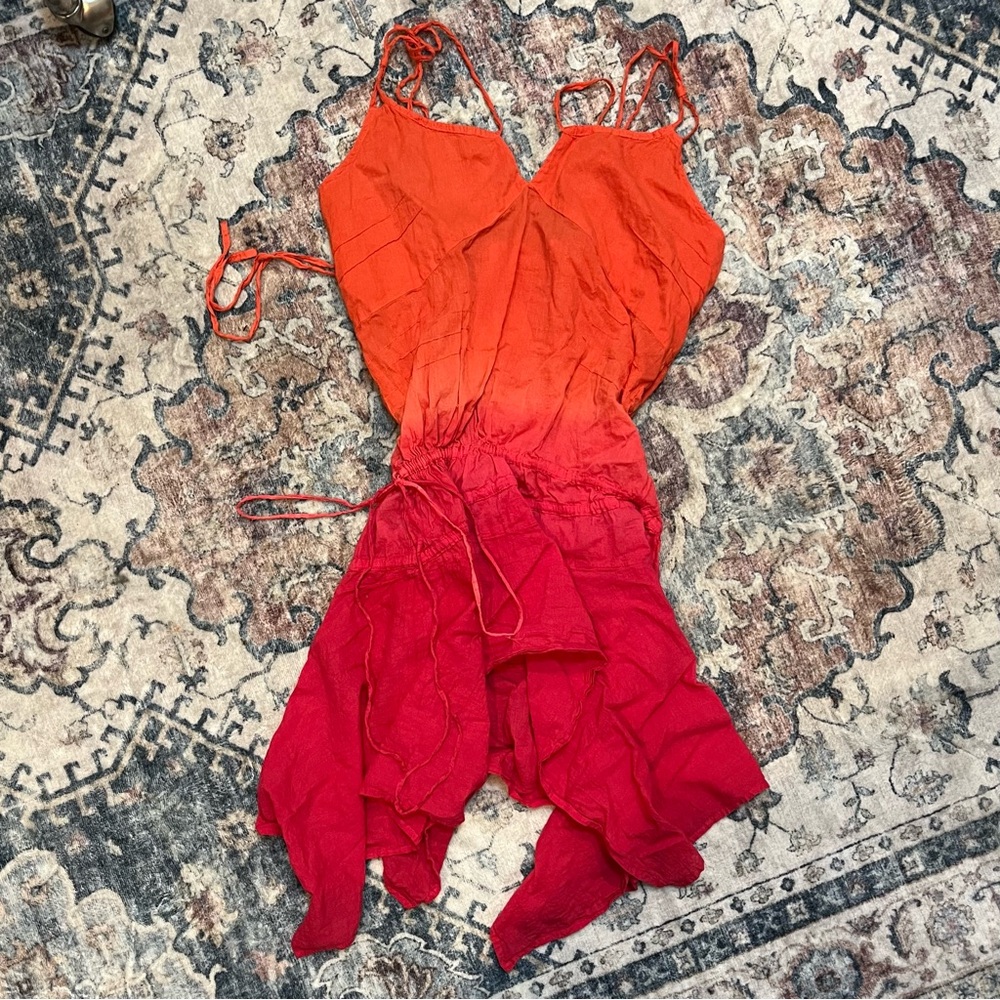 orange and red ombré asymmetrical halter dress